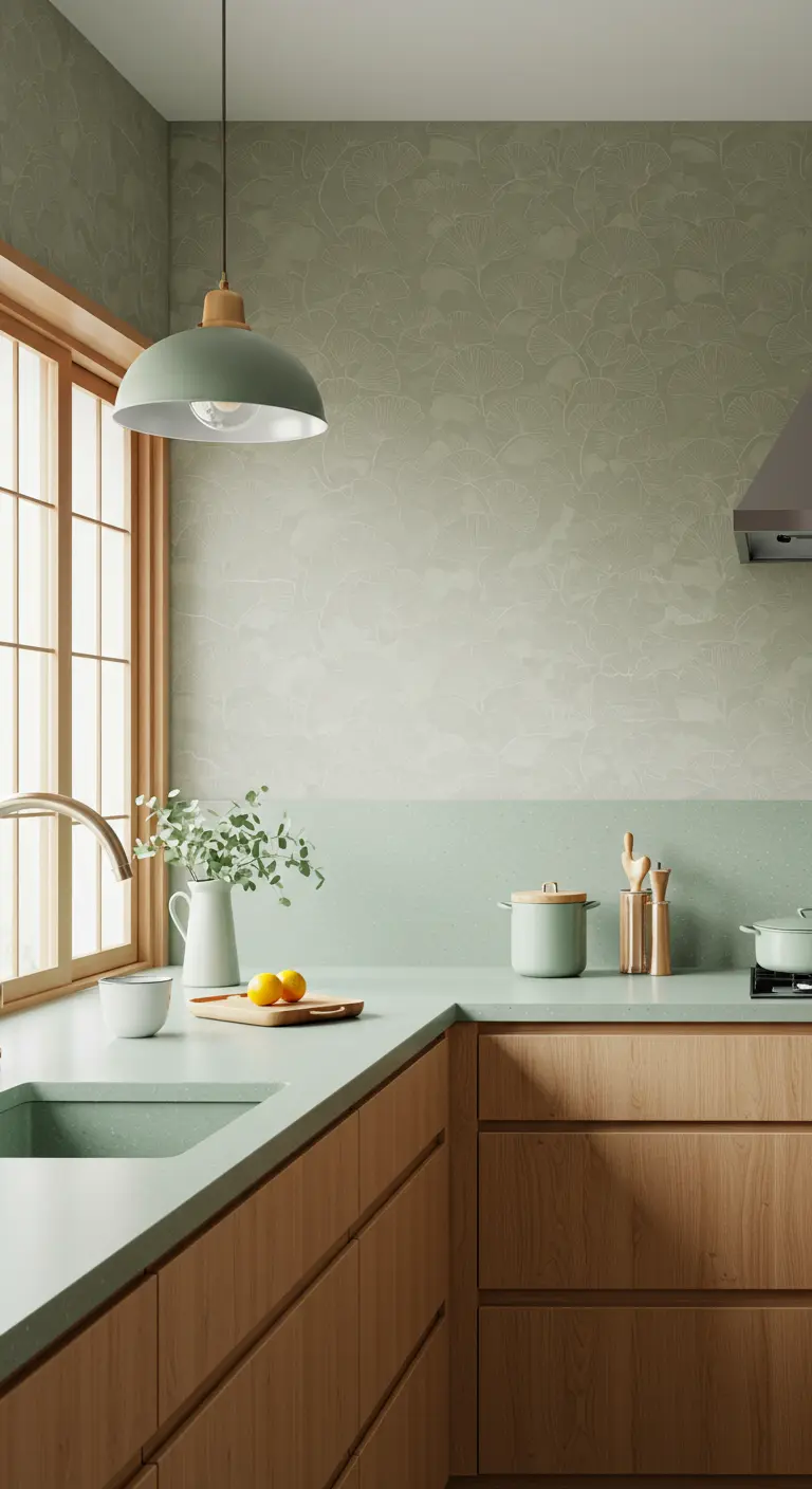 Minimalist kitchen with light oak cabinets and a subtle, textured sage green wallpaper.