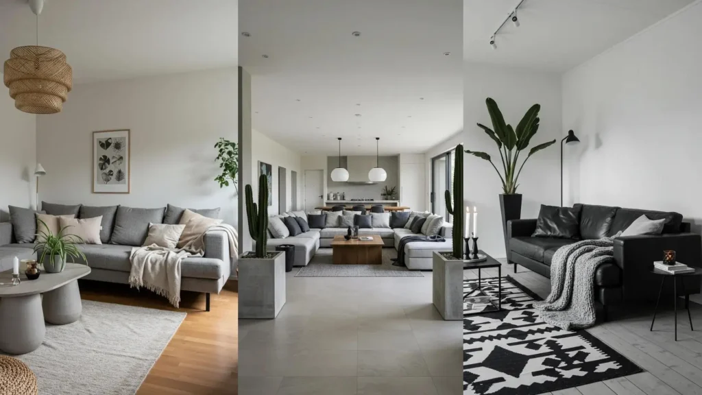 Three serene Scandinavian living rooms with gray sofas, layered textiles, and concrete planters, creating a spa-like feel.