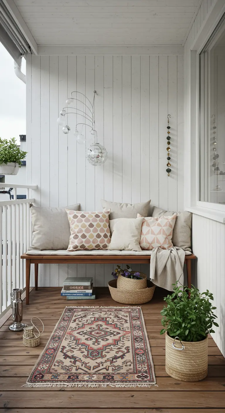 A serene white-paneled balcony with a wooden bench, pastel pillows, and a kinetic mobile.
