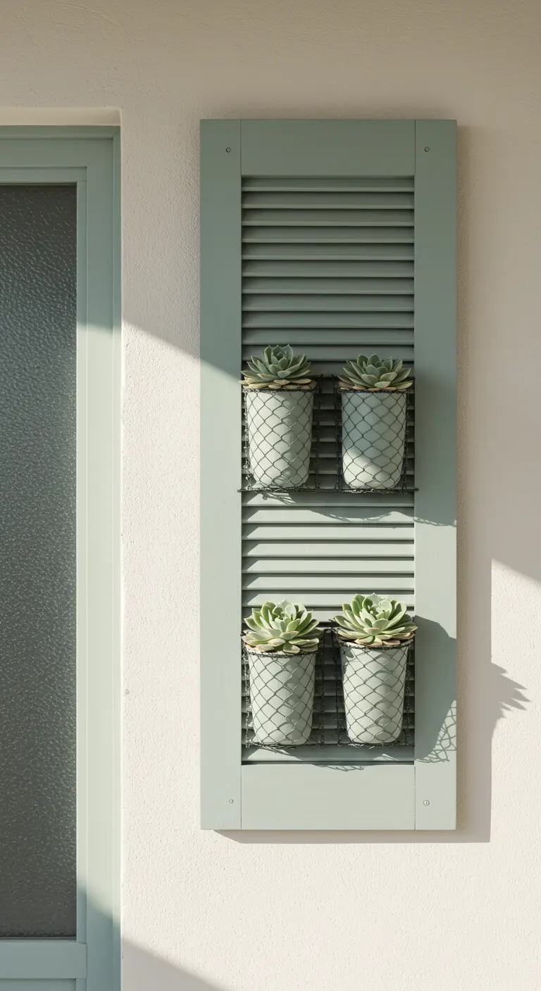 A sage green shutter with four identical planters holding symmetrical succulents.