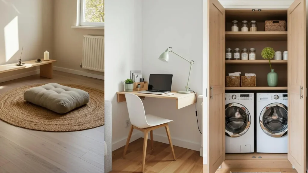 Serene small spaces featuring light wood furniture, linen textures, and pale green accents like a desk lamp and vase.