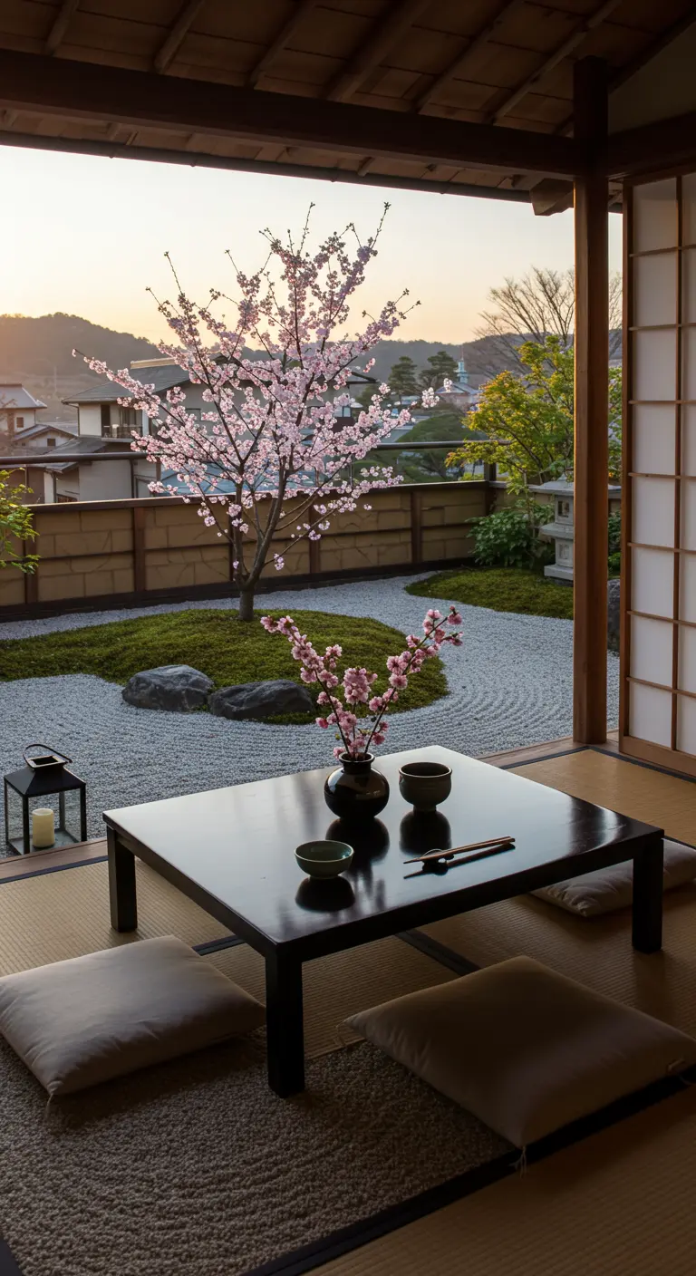 A low Japanese-style table with cherry blossoms overlooking a zen garden at sunrise.