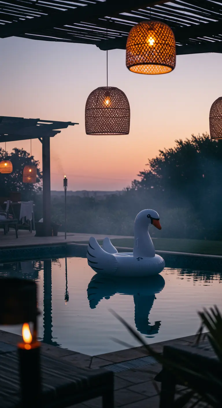 Elegant swan pool float at dusk with rattan pendants hanging overhead.
