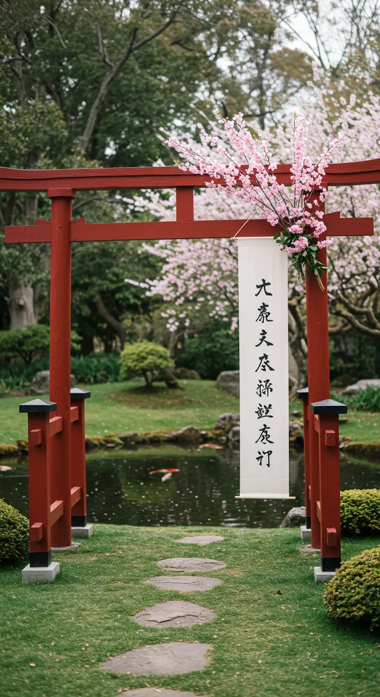 A traditional red Japanese Torii gate decorated with cherry blossoms and a welcome scroll.