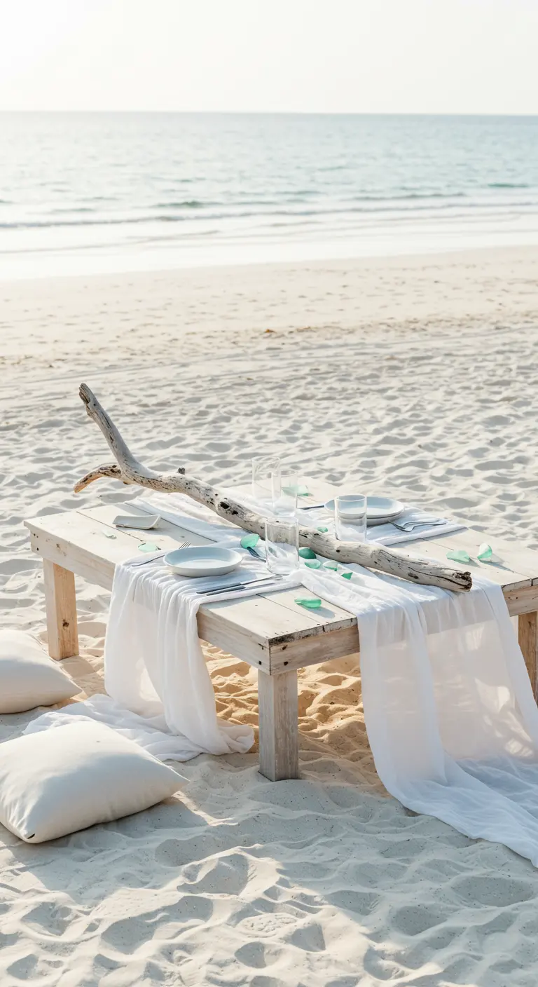 A low white table on the beach with white cushions and a simple driftwood centerpiece.