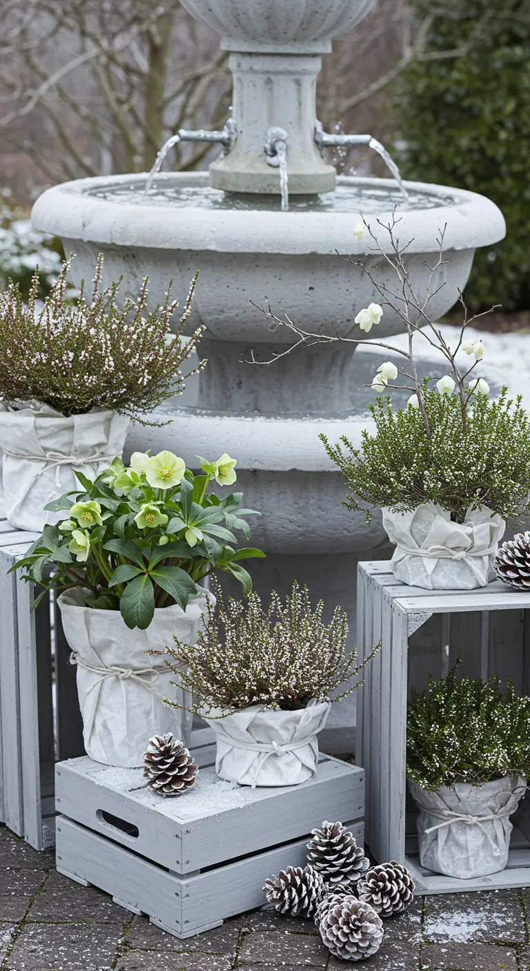 Stone fountain with grey crates, white fabric-wrapped plants, and frosted pinecones in a garden.