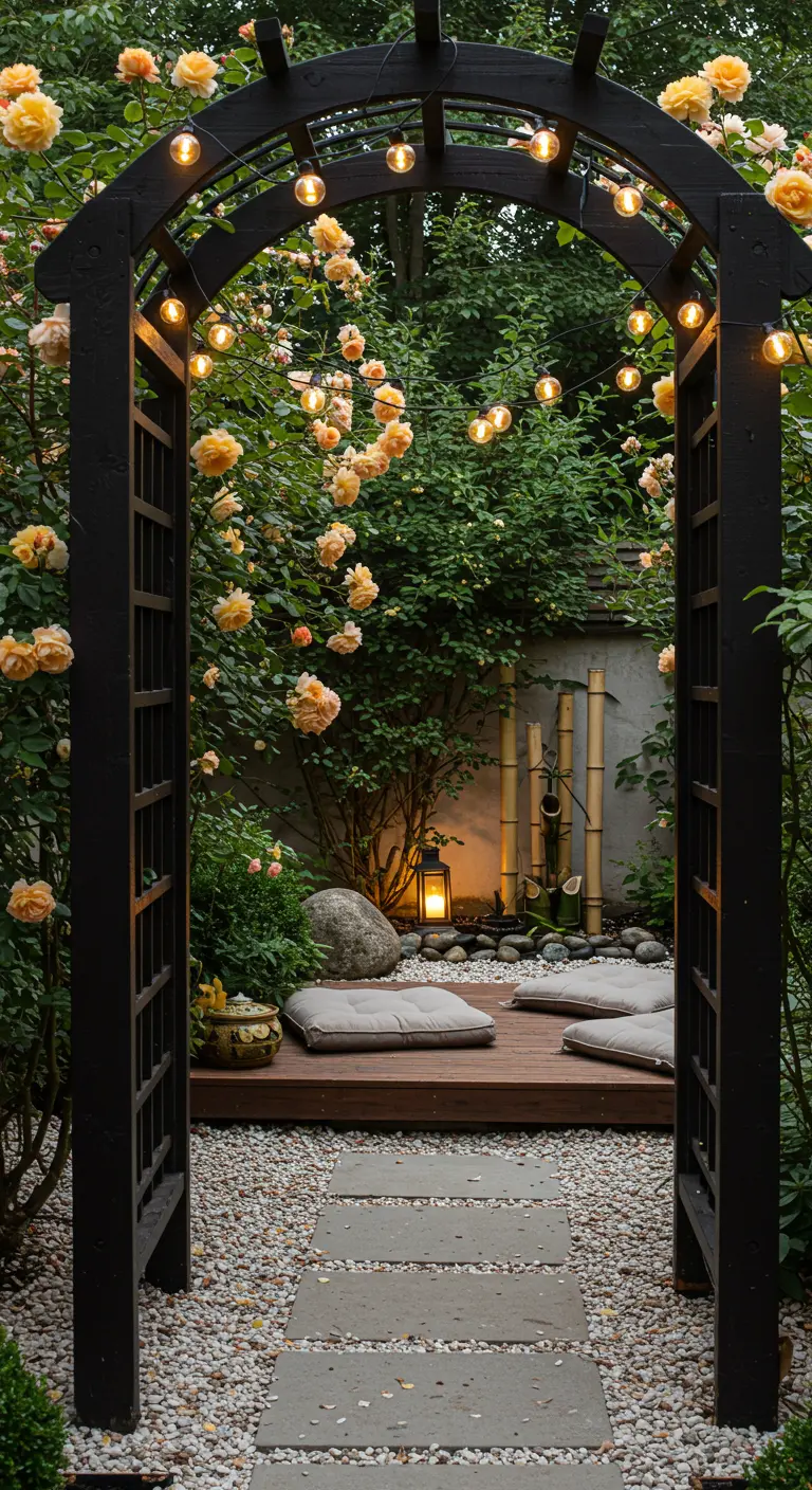 Black wooden arch with yellow climbing roses and string lights leading to a zen garden.