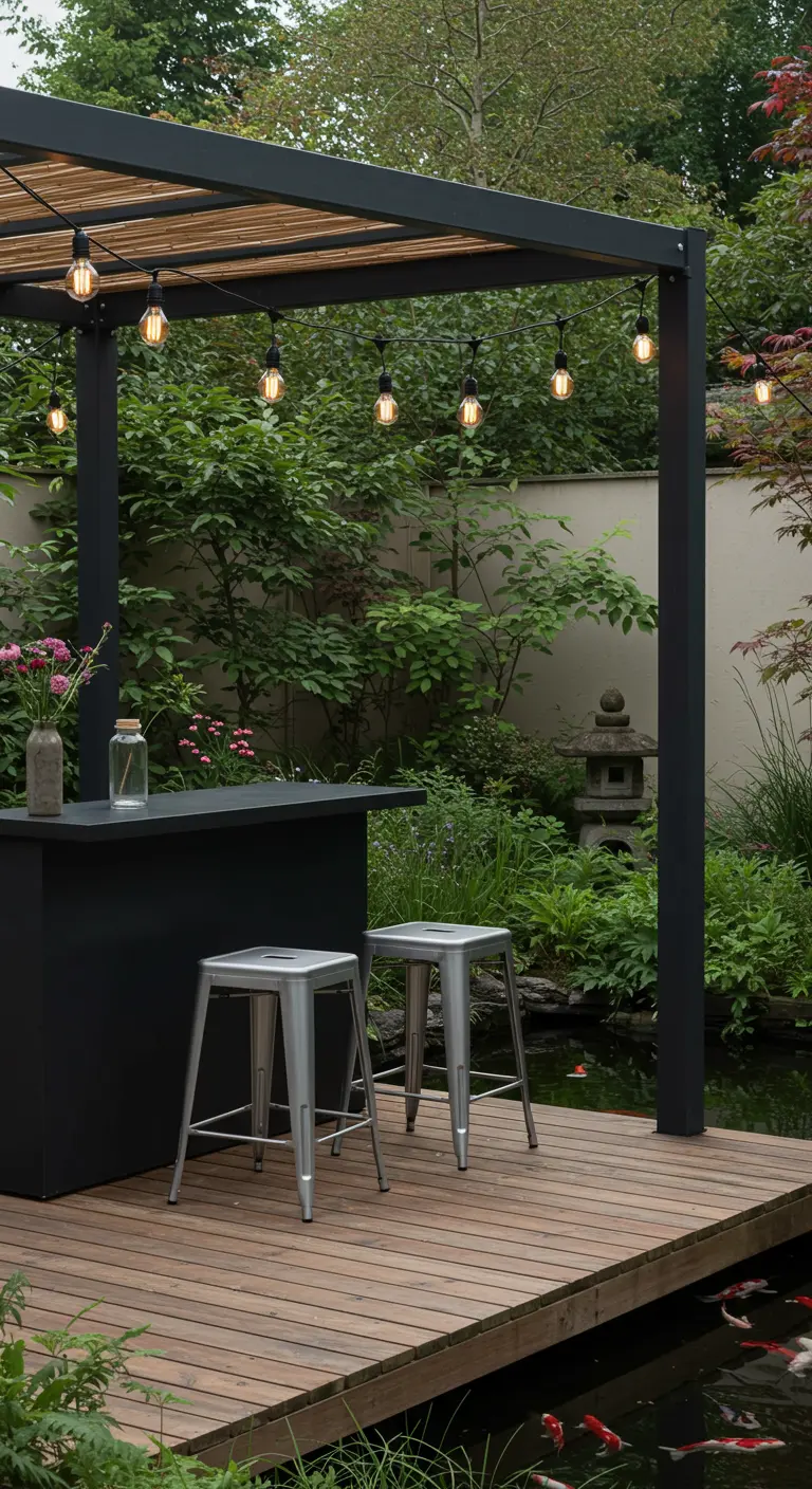 Steel stools at a black bar overlooking a koi pond.