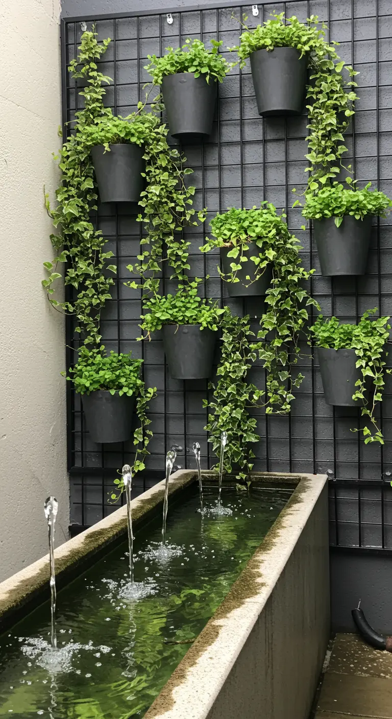 A black grid of planters with trailing ivy installed behind a modern concrete water trough.