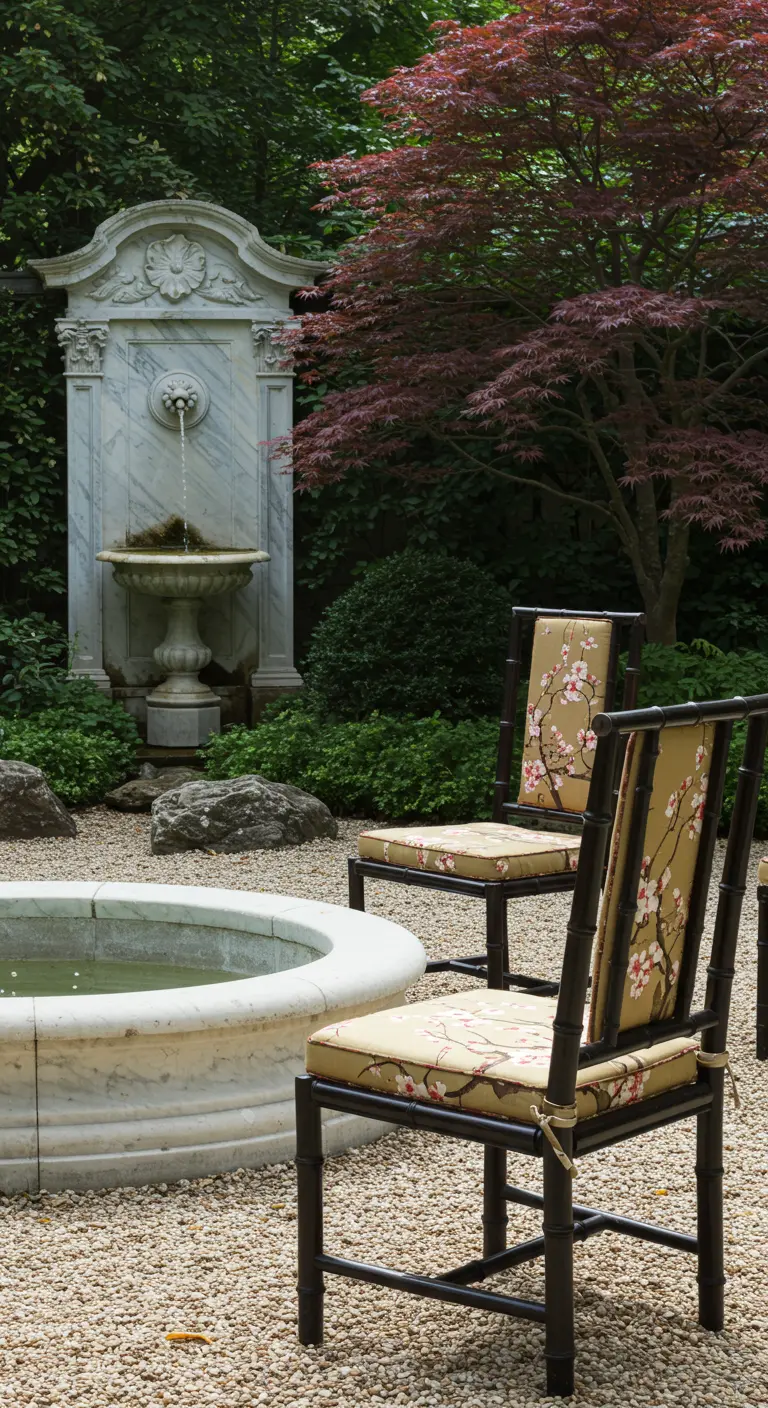 Chinoiserie-style chairs with cherry blossom fabric sit by a fountain near a Japanese maple.
