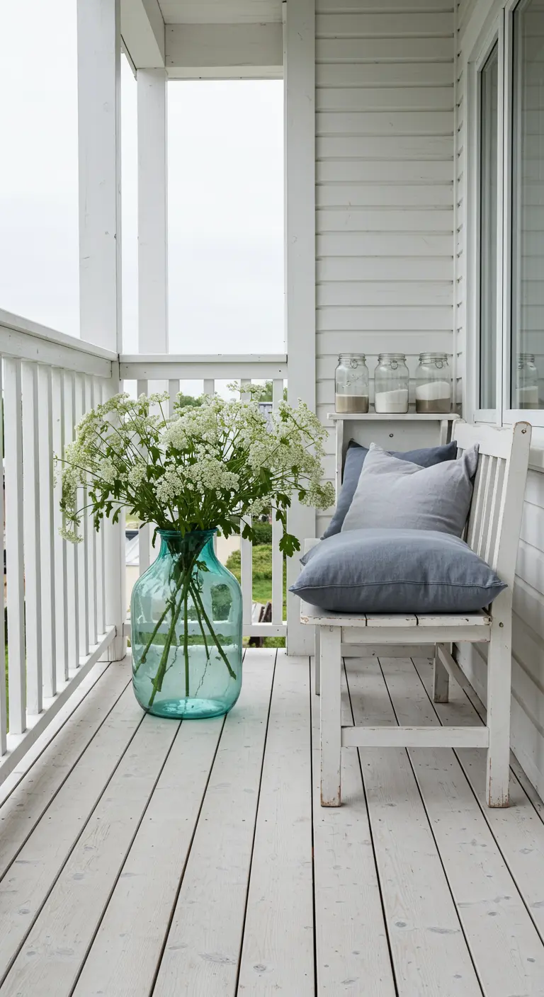 A white-painted balcony with a white bench, blue pillows, and a large aqua glass vase with white flowers.