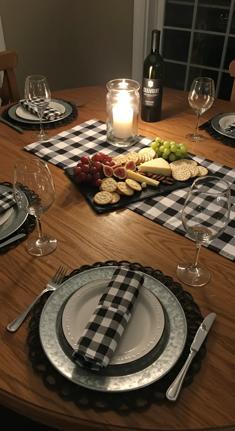 A cozy table set for two with a cheese board on a buffalo check runner.