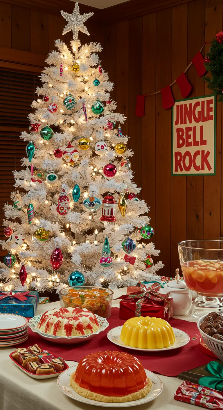 A white Christmas tree next to a retro buffet table with Jell-O molds and cookies.