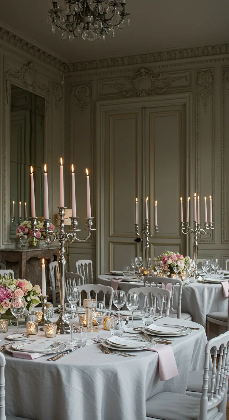 Elegant dining tables with pink taper candles, silver candelabras, and floral centerpieces.