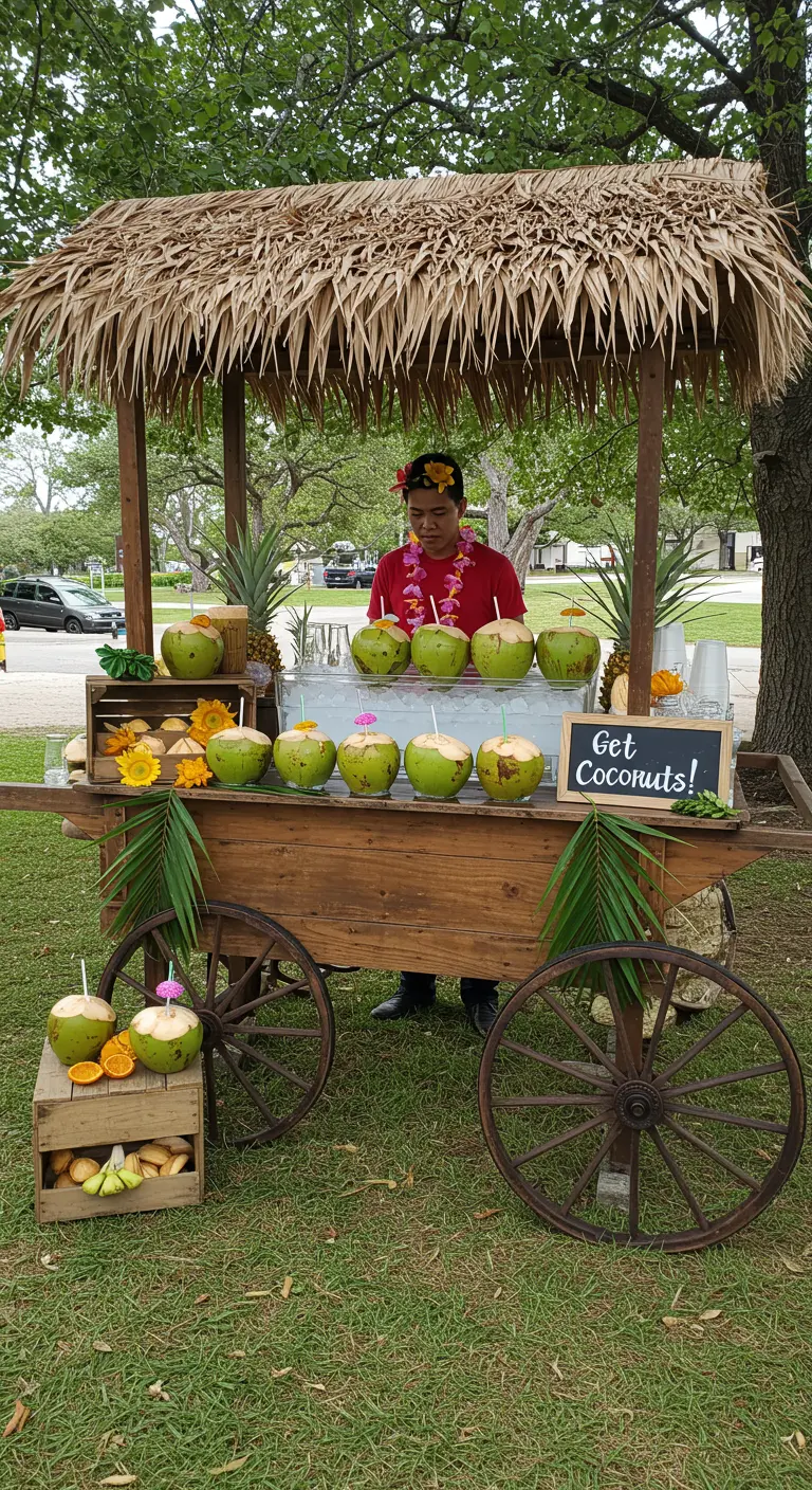A rustic wooden cart selling fresh coconuts on ice at an outdoor party.