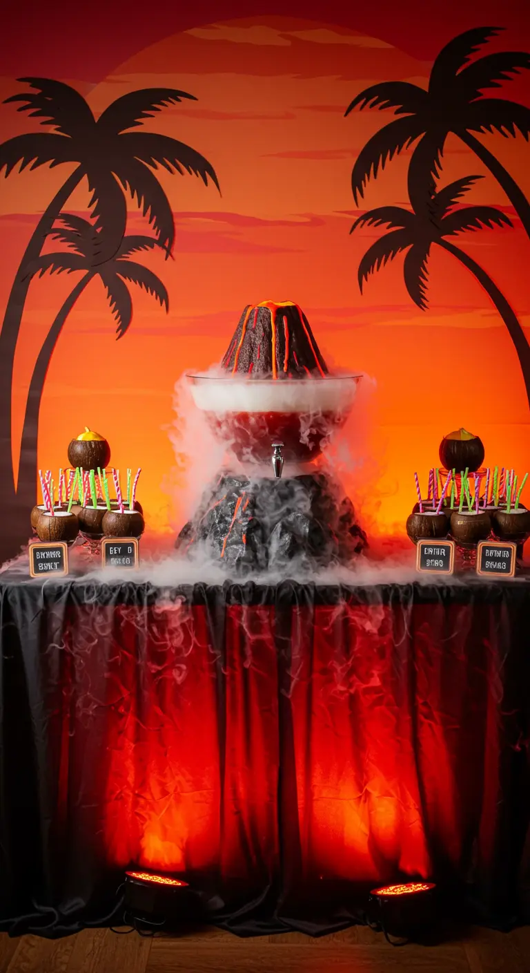 A volcano-shaped punch bowl dispenser emitting dry ice fog on a drink table.