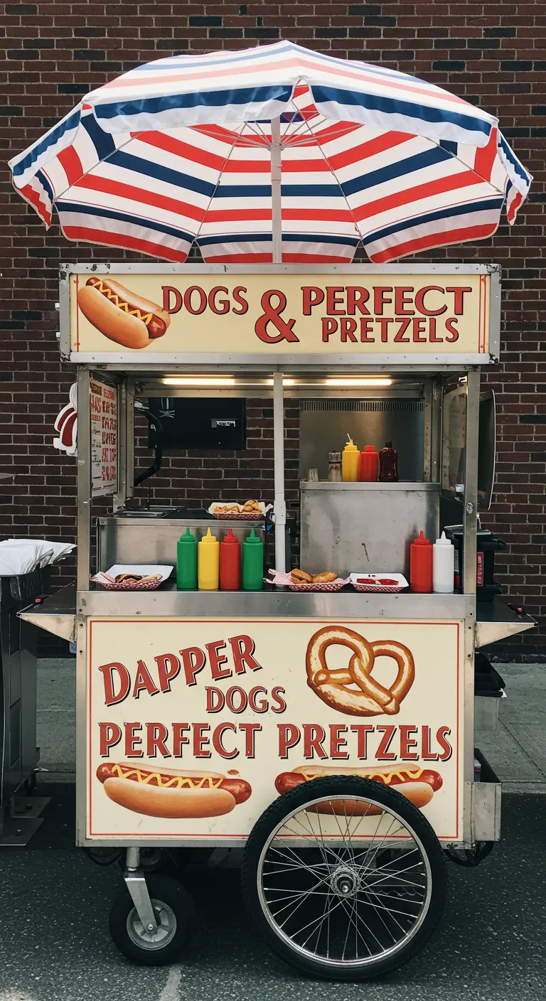 A vintage-style hot dog and pretzel cart with a striped umbrella.