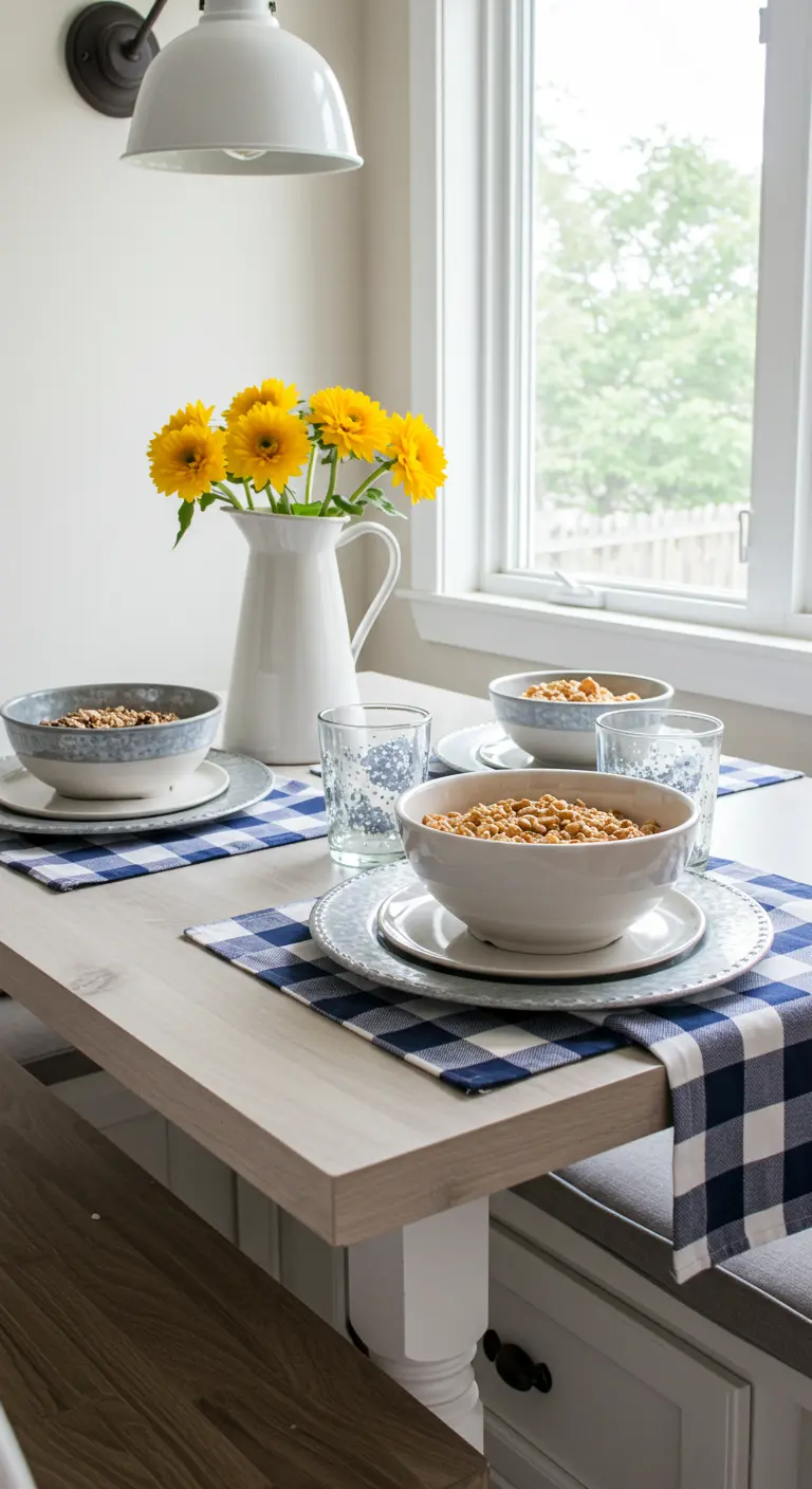 Bright breakfast nook with blue check placemats and sunflowers in a white pitcher.