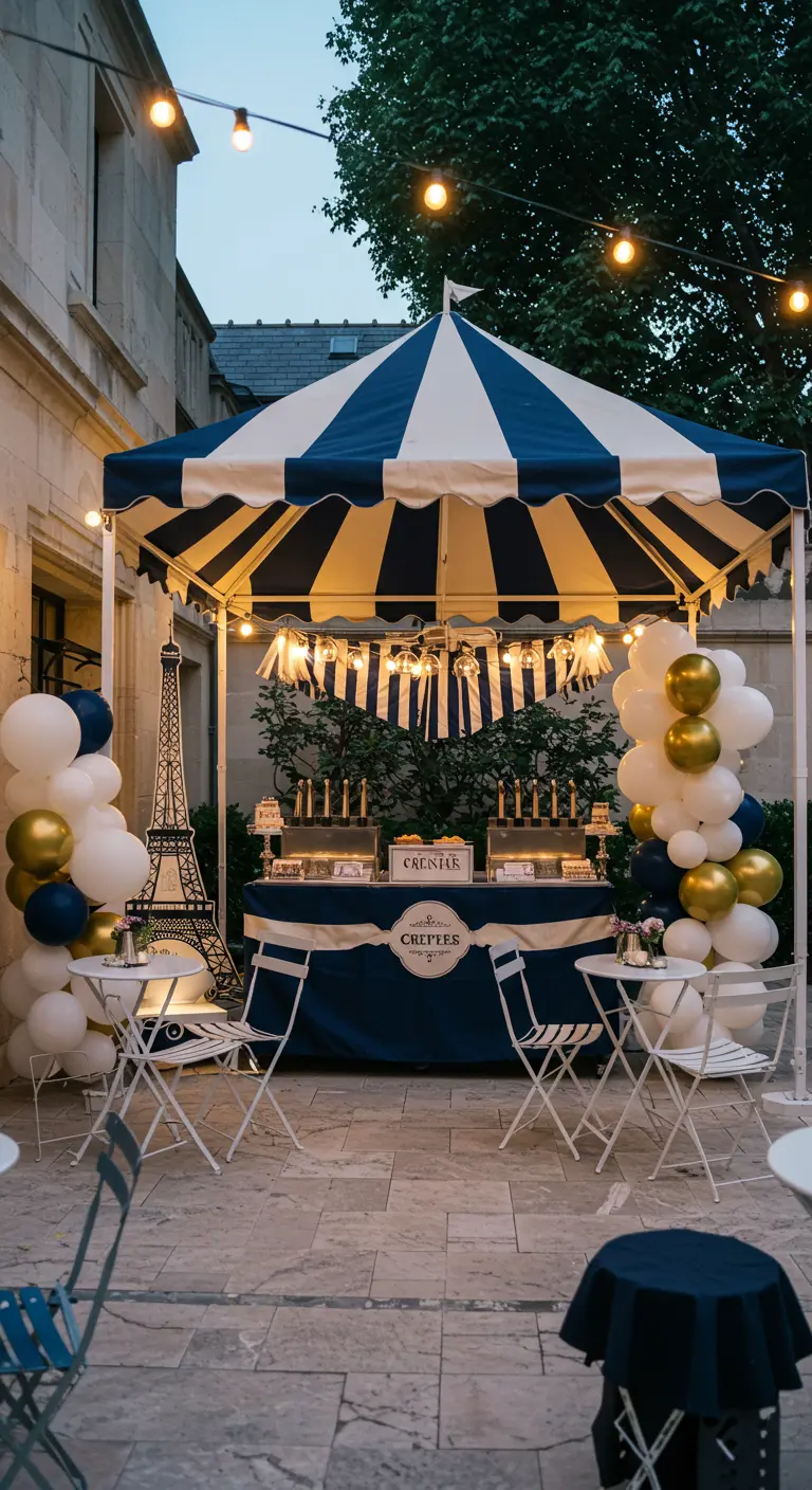 A chic Parisian-themed crêpe stand with a navy and white striped canopy and an Eiffel Tower prop.