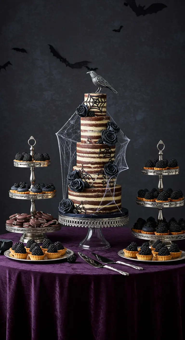 A tiered Halloween dessert table with a naked cake, black roses, and blackberry tarts.