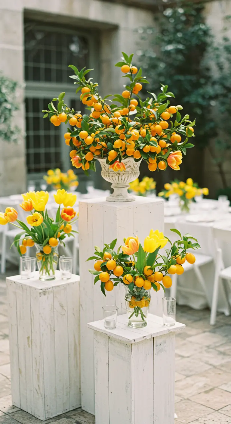 Arrangements of kumquat branches and yellow tulips on white wooden pedestals.
