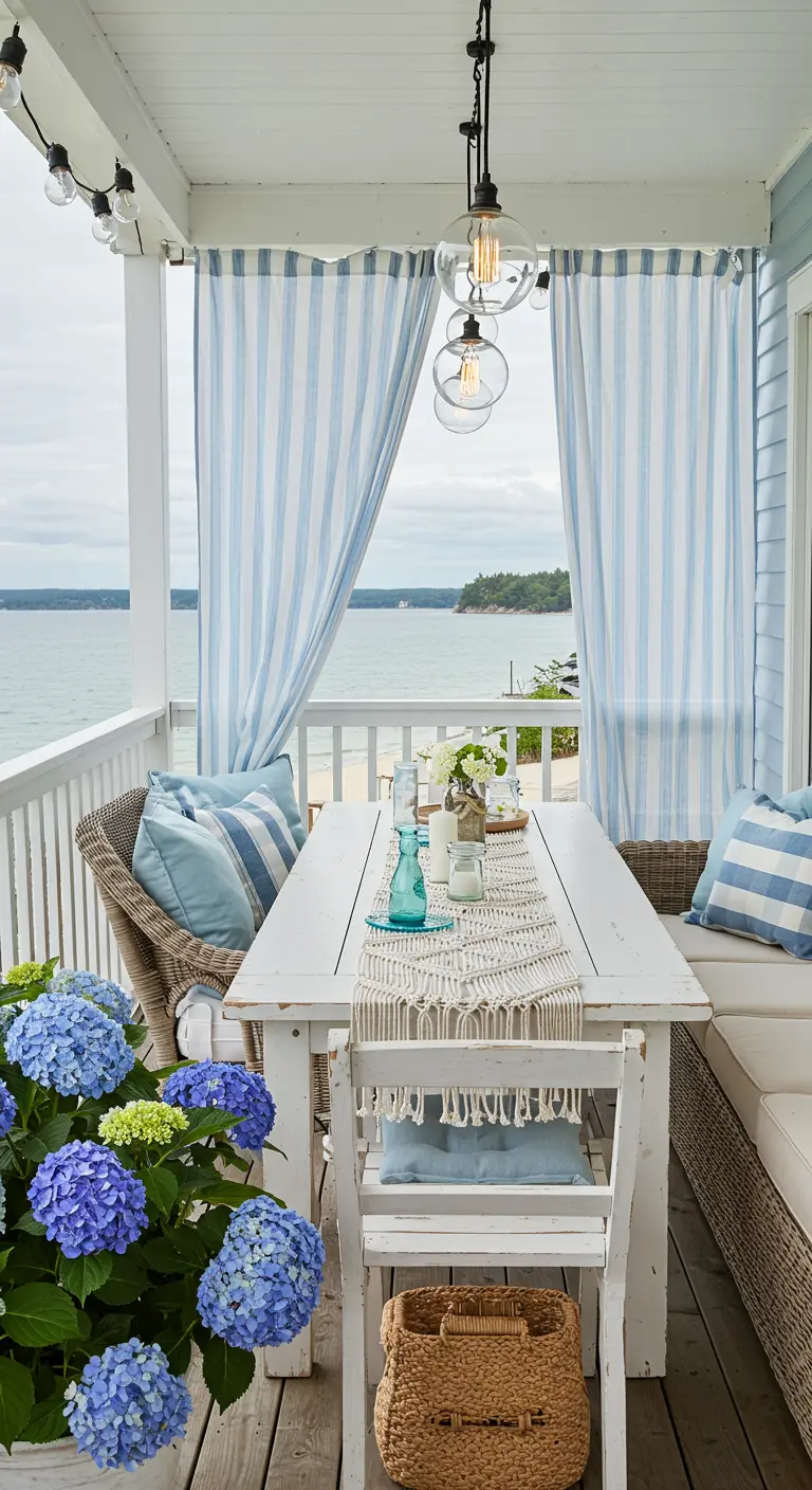 A coastal porch with blue and white striped curtains, a white dining table, and blue hydrangeas.