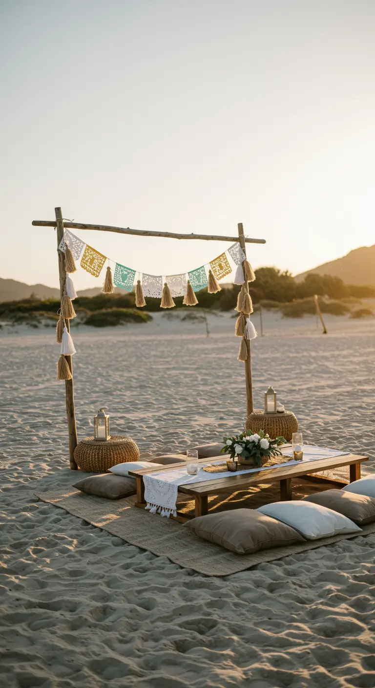 A simple beach picnic setup with a wooden frame holding a white and gold papel picado banner.
