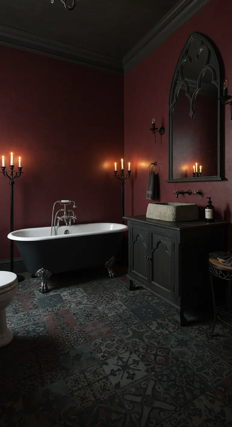 Gothic-style bathroom with dark red walls, a black clawfoot tub, and candelabra lighting.