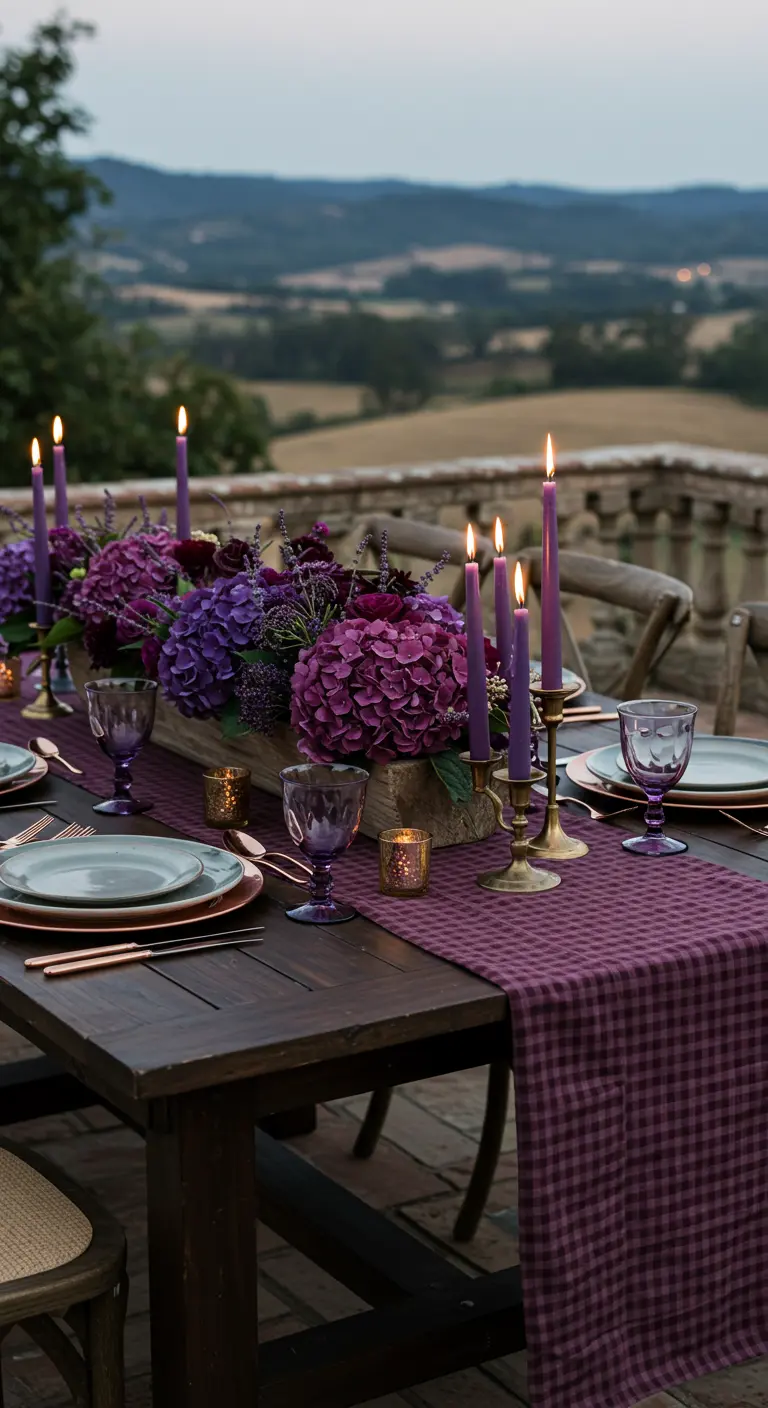 Romantic tablescape with purple florals, dark gingham runner, and lit candles at dusk.