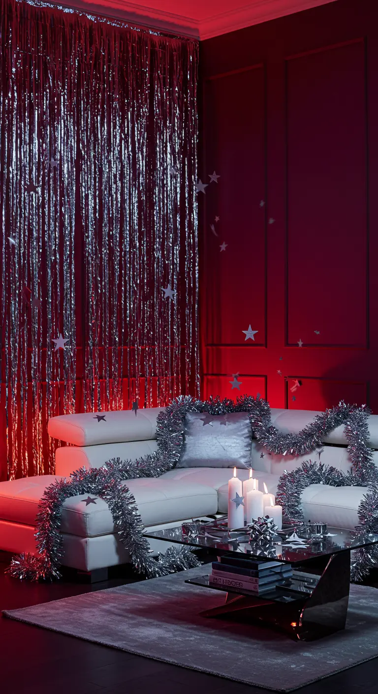 A dark room with red lighting, a silver foil curtain, and silver tinsel.
