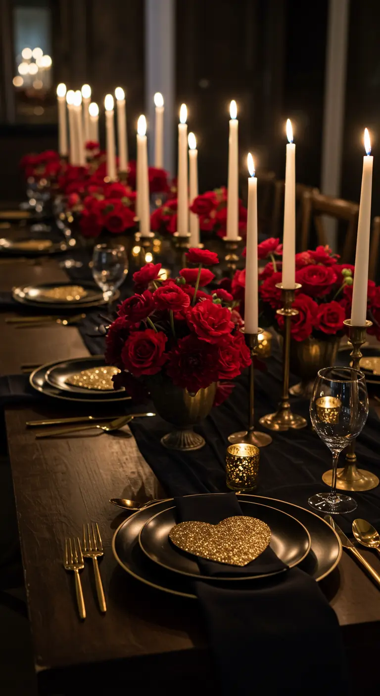 A long, dark table set with black plates, gold cutlery, red roses, and a gold glitter heart on each plate.