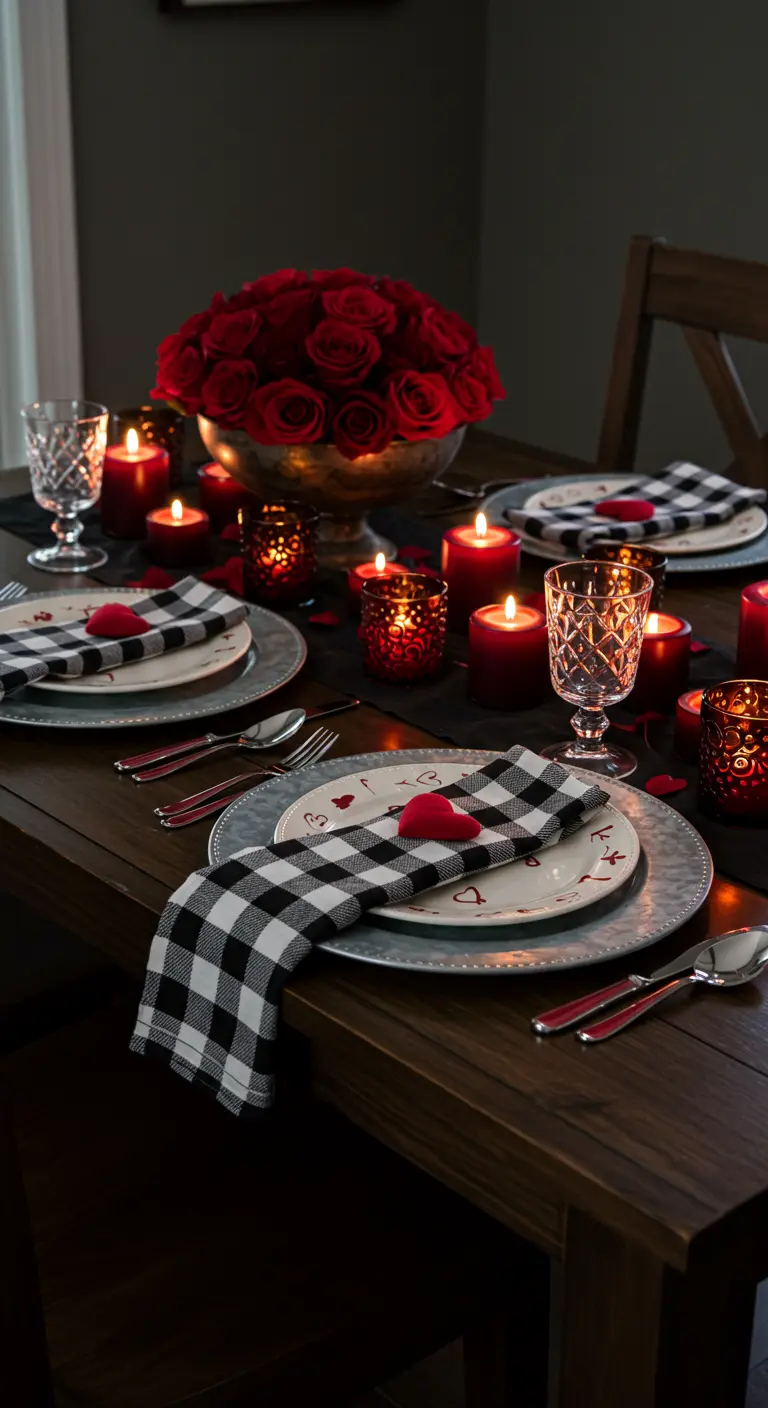 Romantic table setting with red roses, many candles, and buffalo check napkins.