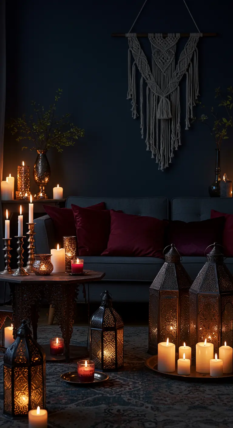 Dark, moody room filled with candlelight from lanterns, with a macramé piece on the back wall.