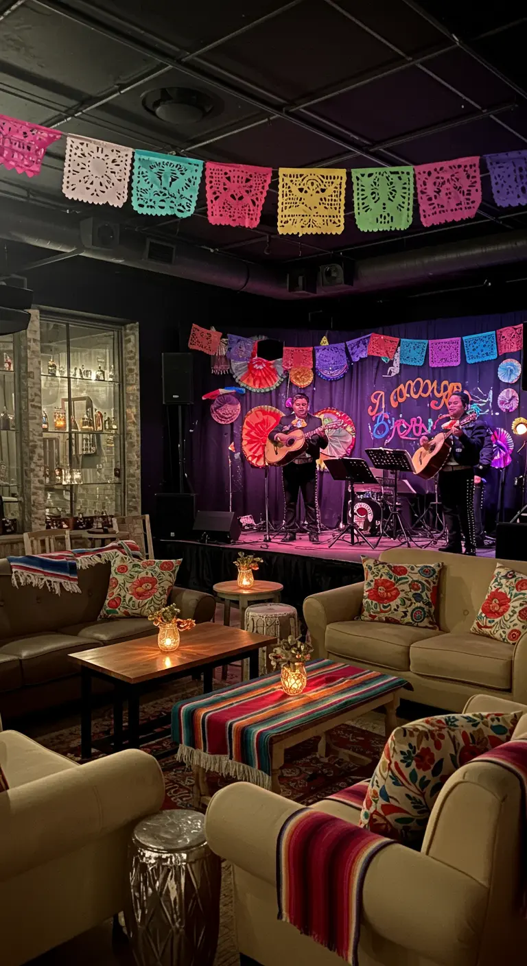 A cozy lounge area with a mariachi band on stage, decorated with papel picado and serape blankets.