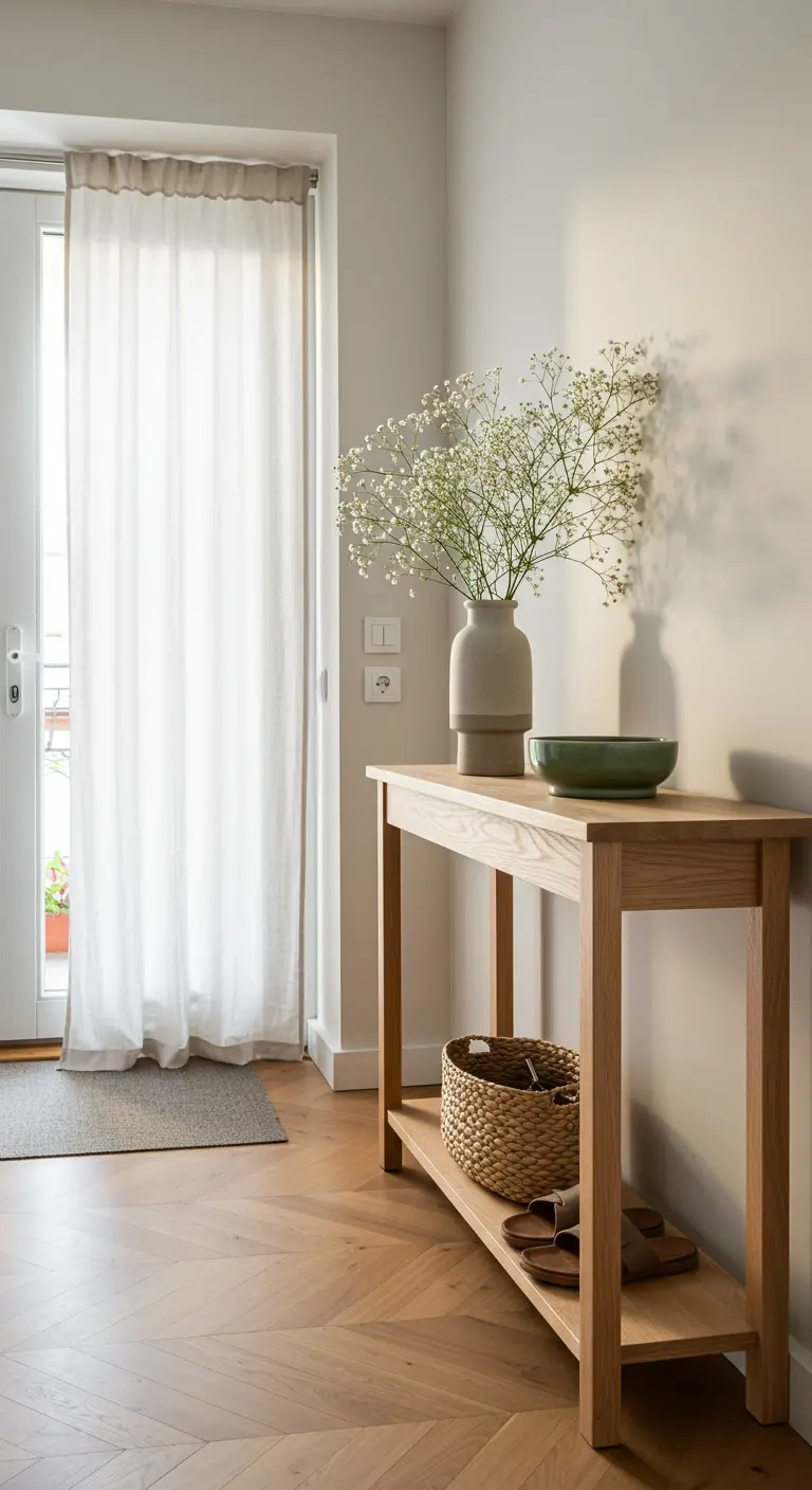 Light wood console table with a vase of baby's breath in a bright entryway.