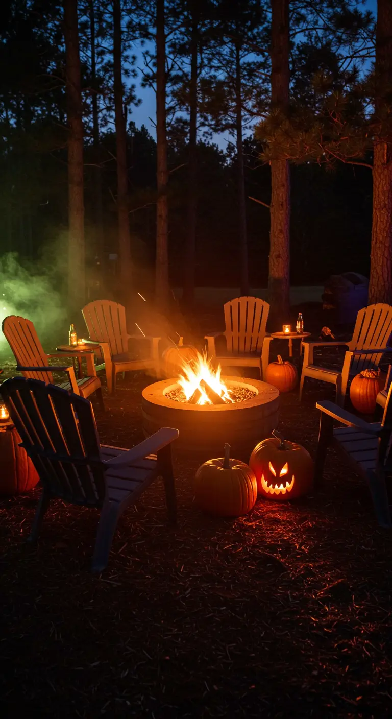 A fire pit at night surrounded by chairs and glowing jack-o'-lanterns for Halloween.