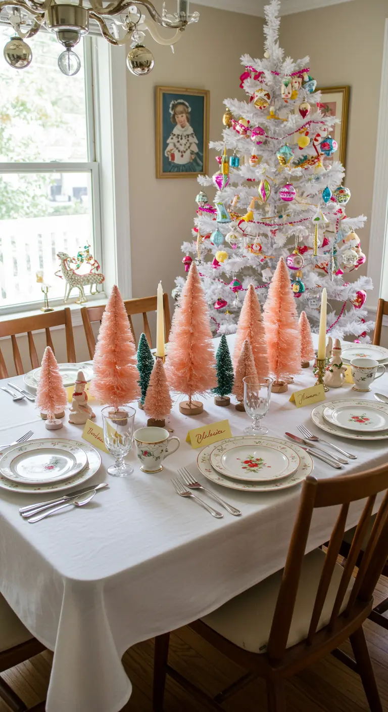 Dining table with a centerpiece of pink and teal bottle brush trees and vintage china.
