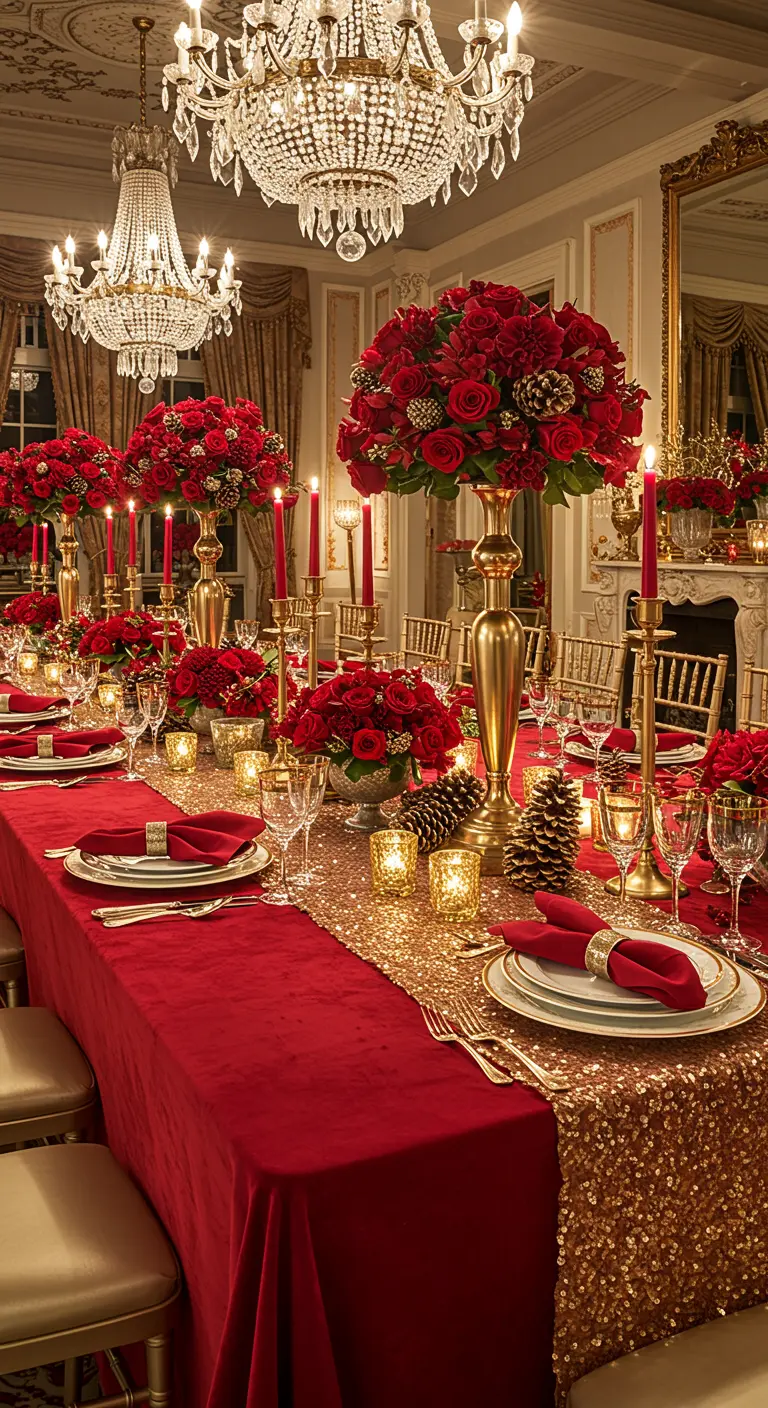 A long dining table set for Christmas with a red tablecloth and gold sequin runner.