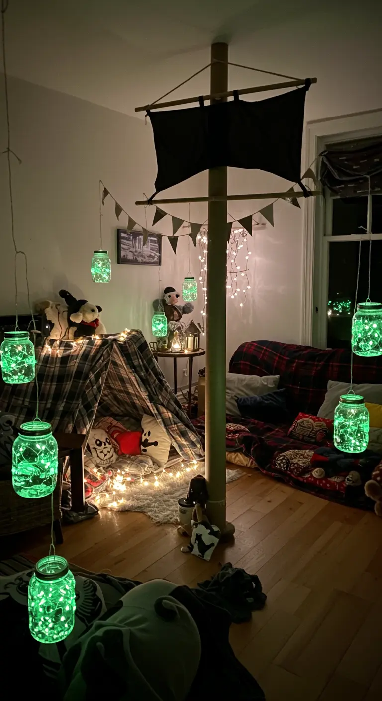 Peter Pan-themed room with a DIY ship mast and glowing green fairy light jars.