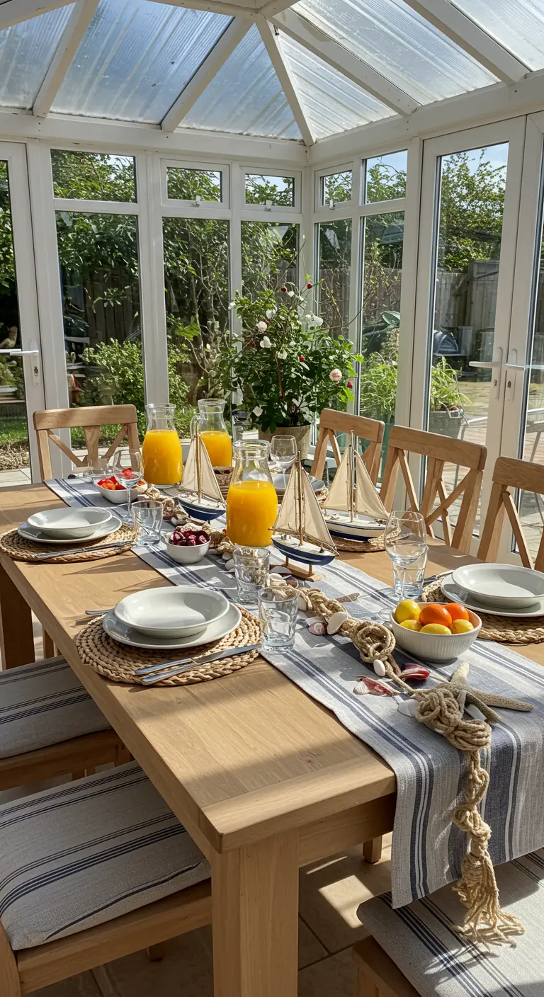 Sunlit brunch table in a conservatory with a striped runner and mini sailboats.