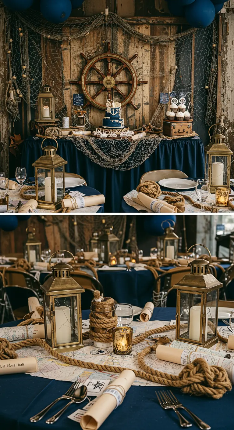 Nautical-themed dessert table with a ship's wheel and fishing nets.