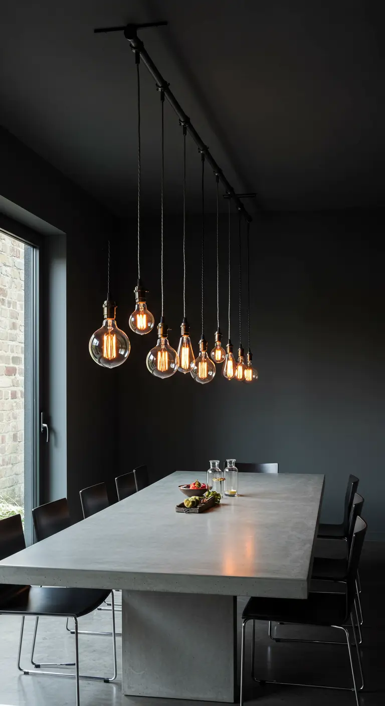 A concrete dining table lit by a cluster of hanging Edison bulbs in a dark, moody room.