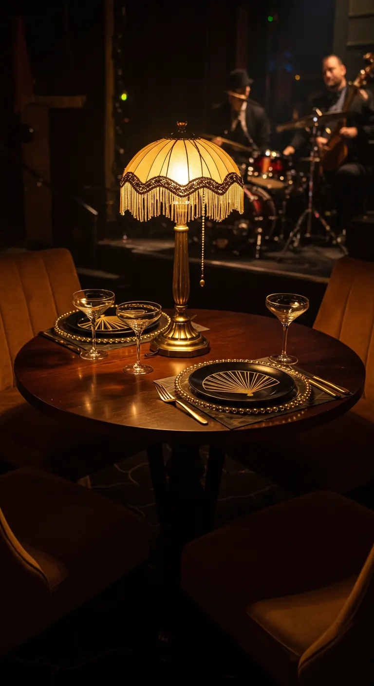 An intimate, dimly lit table for four with a fringed Art Deco lamp.