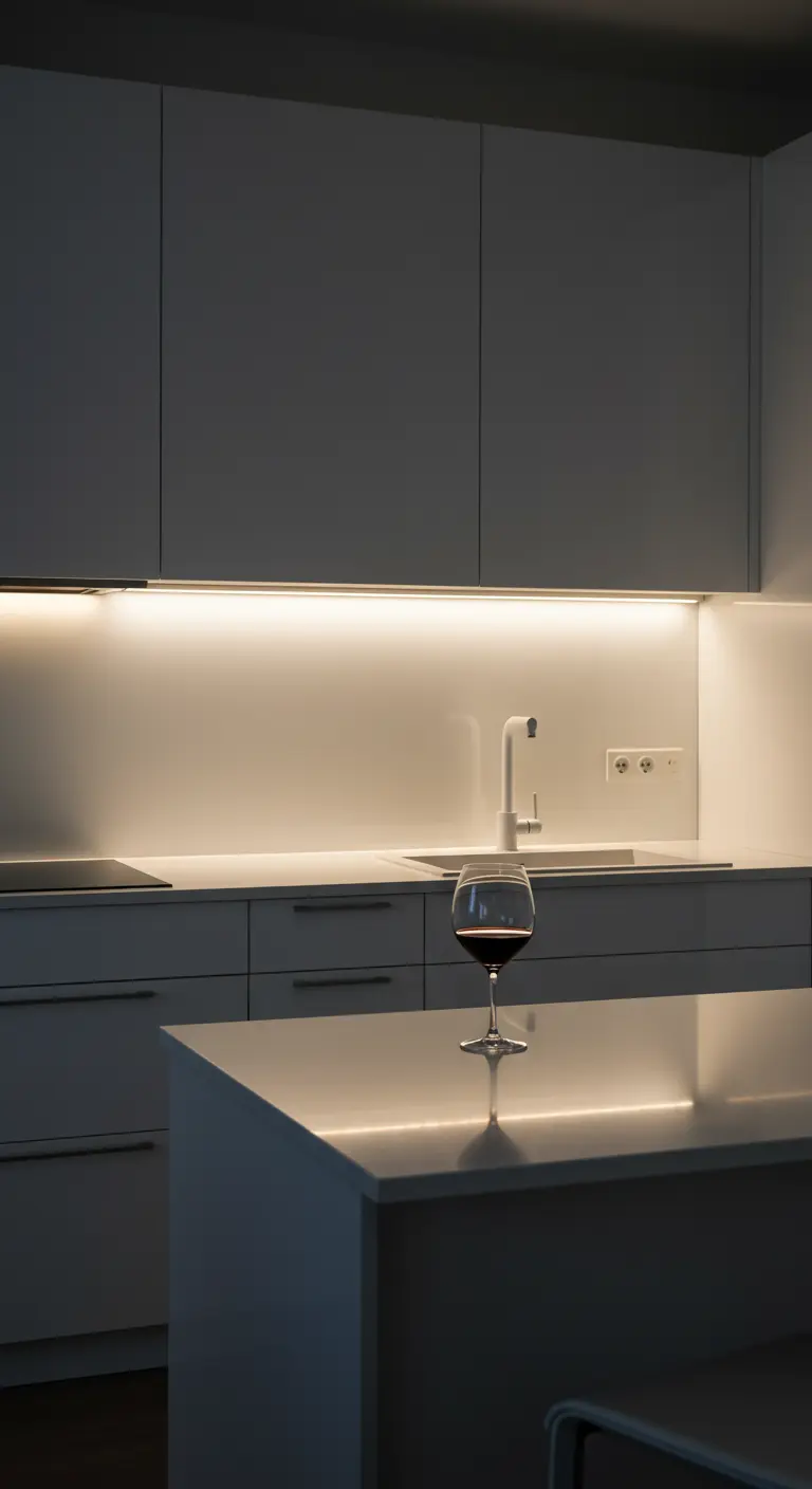 A minimalist white kitchen at night, softly illuminated by warm under-cabinet lighting.