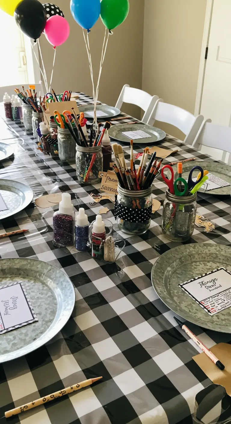A kids' craft party table covered in a check tablecloth with jars of art supplies.