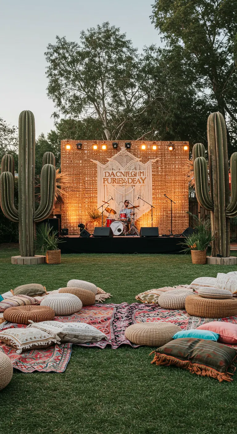 An outdoor stage with a woven backdrop, macrame hanging, and large cacti for a desert-themed event.
