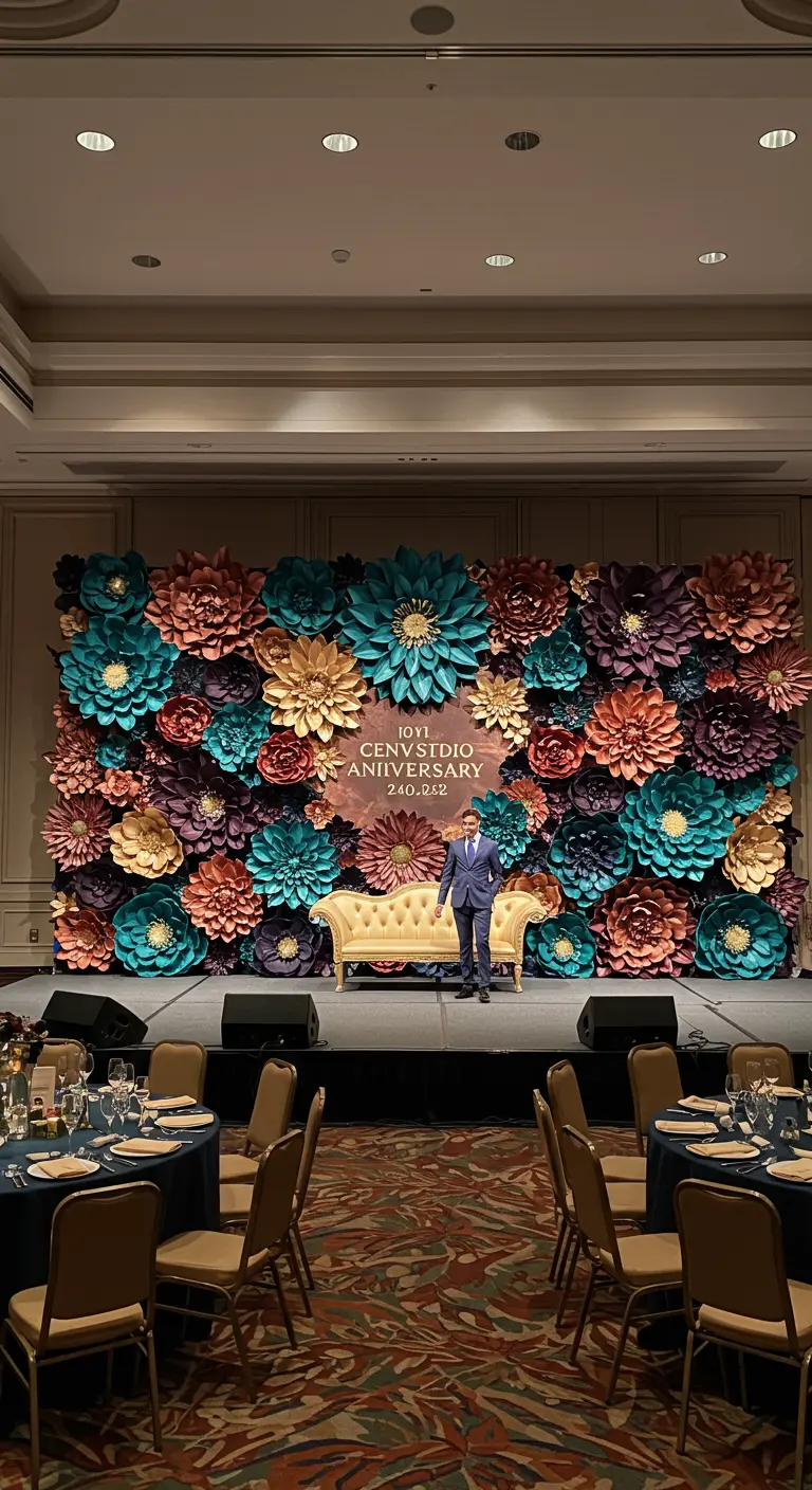A large stage backdrop covered in paper flowers in moody tones of teal, rust, and purple with gold.