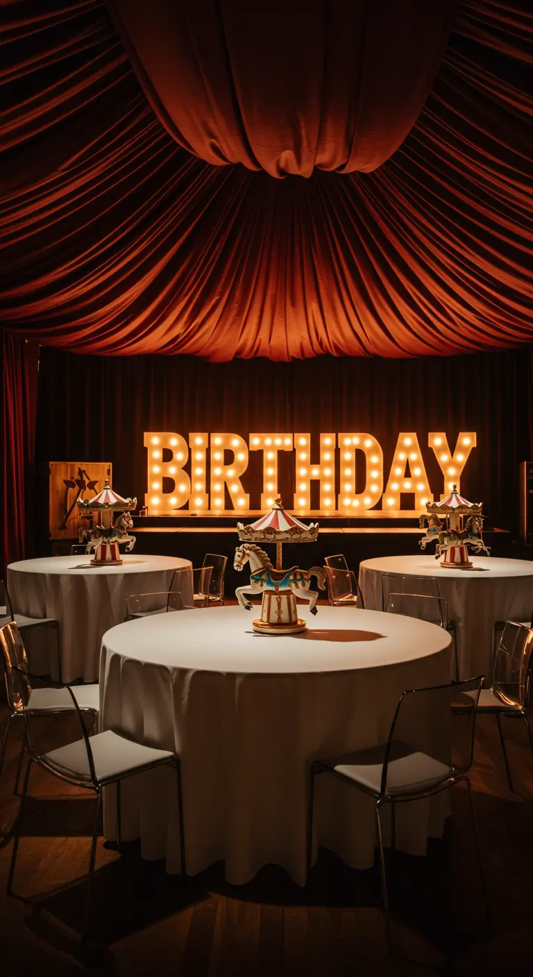 Indoor birthday party with marquee letters and dark red drapes.