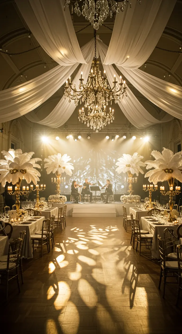 A grand ballroom lit dramatically with spotlights on feather centerpieces and a string quartet on stage.