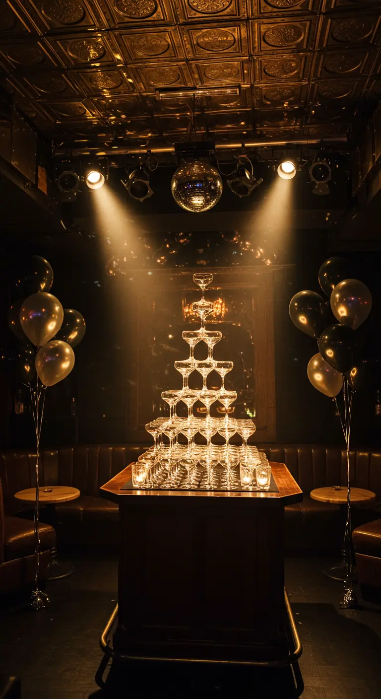 A champagne tower dramatically lit by spotlights in a dark room with a tin ceiling.